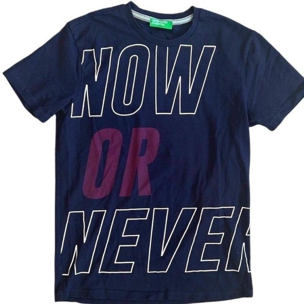 United Colors of Benetton Mens Navy Blue Now or Never Graphic T-Shirt Medium